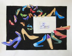 Туфельки на выставке Хокусая. Иллюстрация к авторской сказке «Летающие туфельки». 2011. Бумага, тушь, акрил. 42х60